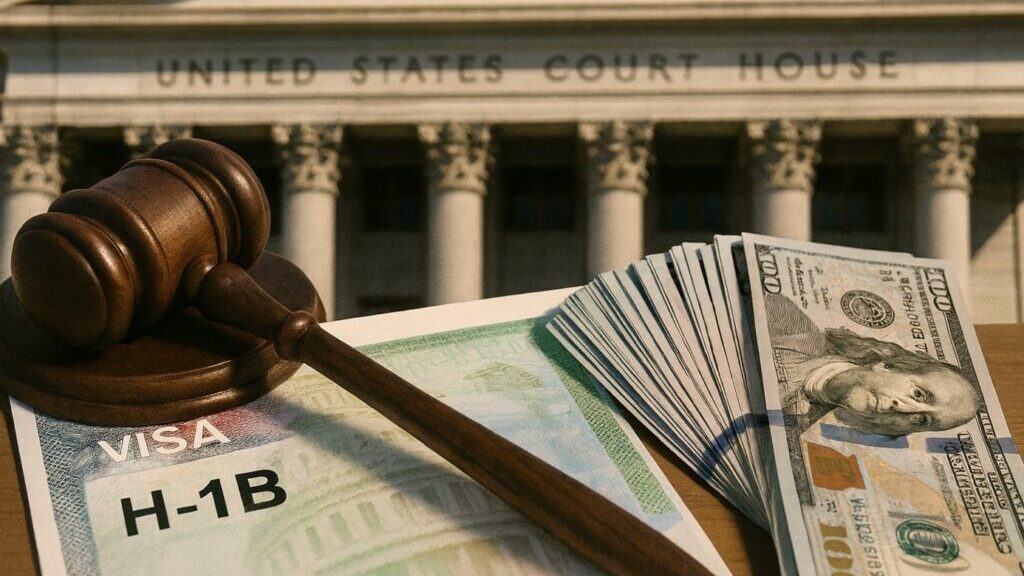 Um martelo de juiz de madeira está sobre um documento de visto H-1B, ao lado de uma pilha de notas de US$ 100, com um tribunal dos Estados Unidos ao fundo.