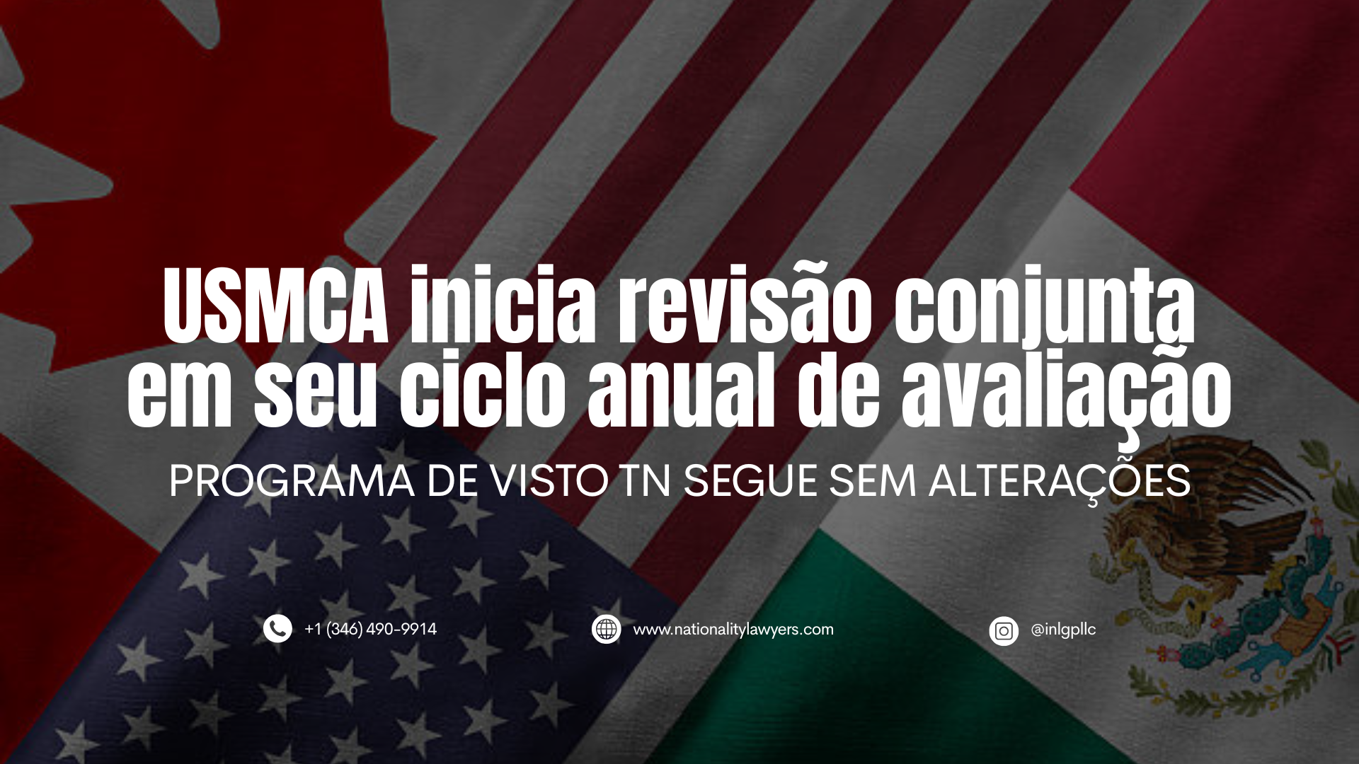 Banner com as bandeiras dos Estados Unidos, Canadá e México ao fundo. Em destaque, o texto: “USMCA inicia revisão conjunta em seu ciclo anual de avaliação”, acompanhado do subtítulo “Programa de visto TN segue sem alterações”. Na parte inferior aparecem as informações de contato do INLG: telefone, site e perfil no Instagram