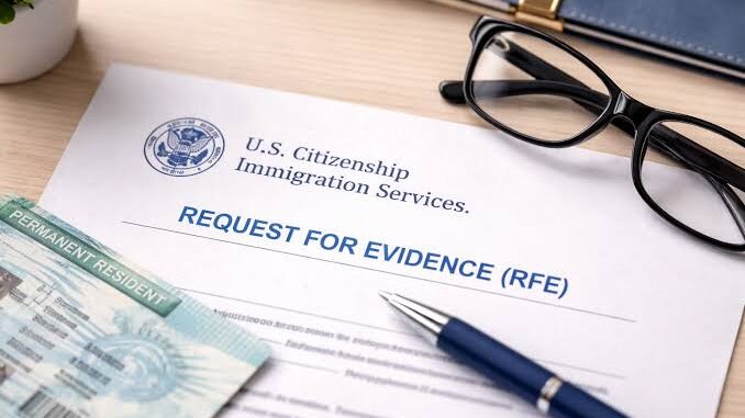 USCIS Request for Evidence (RFE) document with eyeglasses, a pen, and a Green Card on a desk.