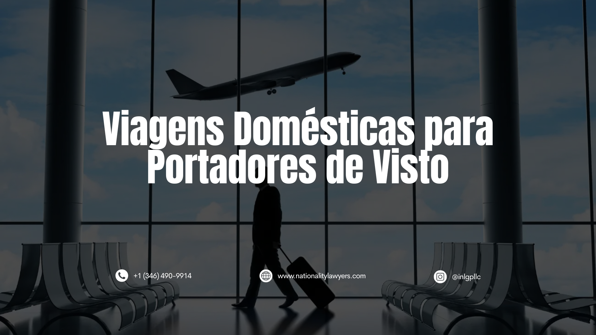 Imagem de um aeroporto com um avião ao fundo e uma pessoa caminhando com uma mala, acompanhada do texto “Viagens domésticas para portadores de visto”.