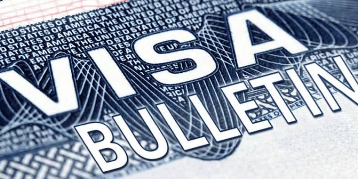 Bold white text reading 'VISA BULLETIN' over a blue United States visa background pattern