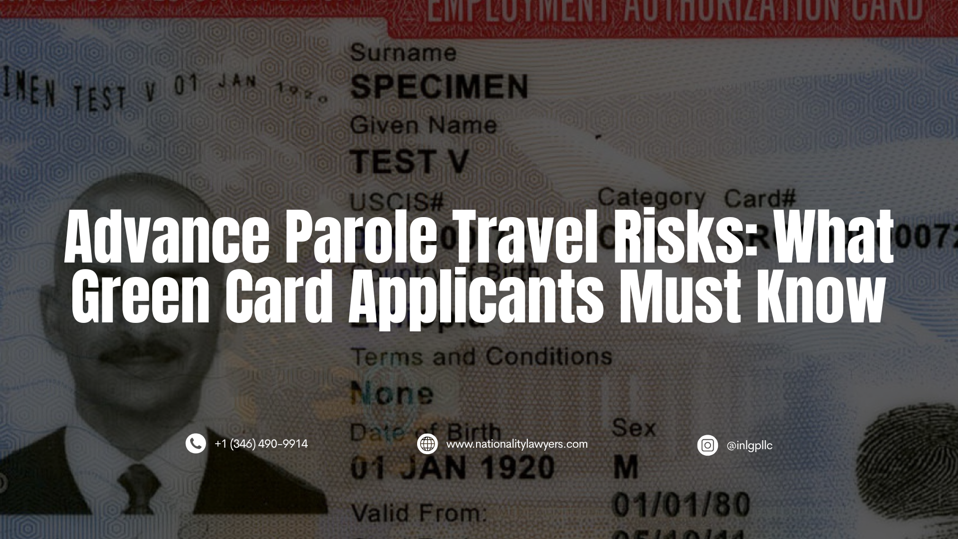 Imagem informativa com o título "Riscos de Viajar com Advance Parole no Processo de Green Card". Ao fundo, aparece a imagem escurecida de um cartão de autorização de trabalho dos EUA (EAD), e no rodapé constam as informações de contato do escritório INLG.